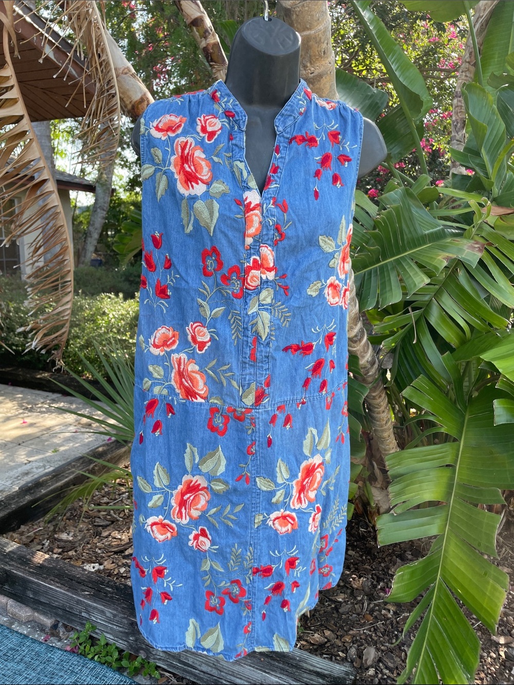 embellished floral embroidered denim dress